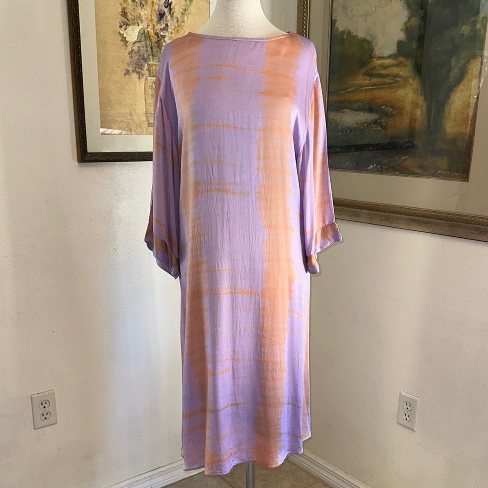 Anthropologie Nor Blk Nor Wht Silk Purple/Orange Tie-Dye Dress w/ Pockets XS